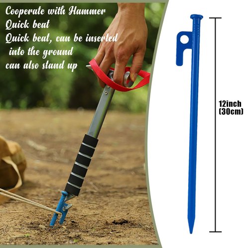 4Pcs Heavy-Duty Forged Steel Tent Stakes – 12in & 16in Camping Ground Anchors for Rocky Terrain & Snow, Includes Storage Pouch (Blue)