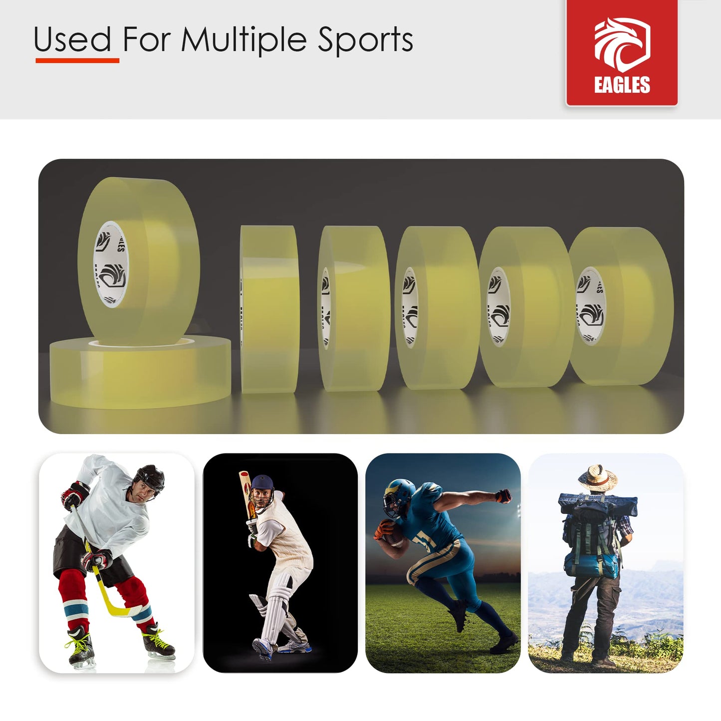 EAGLES Bulk Hockey Tape 1 or 6 Pack Black, White or Clear Multipurpose Tape Roll - Strong Adhesive - Durable Cloth or PVC Tape - Hokey Sports Gifts, Accessories, Equipment, Gear