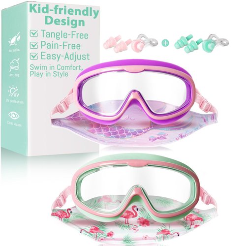 Pixel Panda 2 Pack Kids Swim Goggles with Fabric Strap for 6-14 Wide View Anti-Fog Anti-UV, No Leak No Hair Pulling Swimming Goggles Boys Girls Youth Pool Water Protection