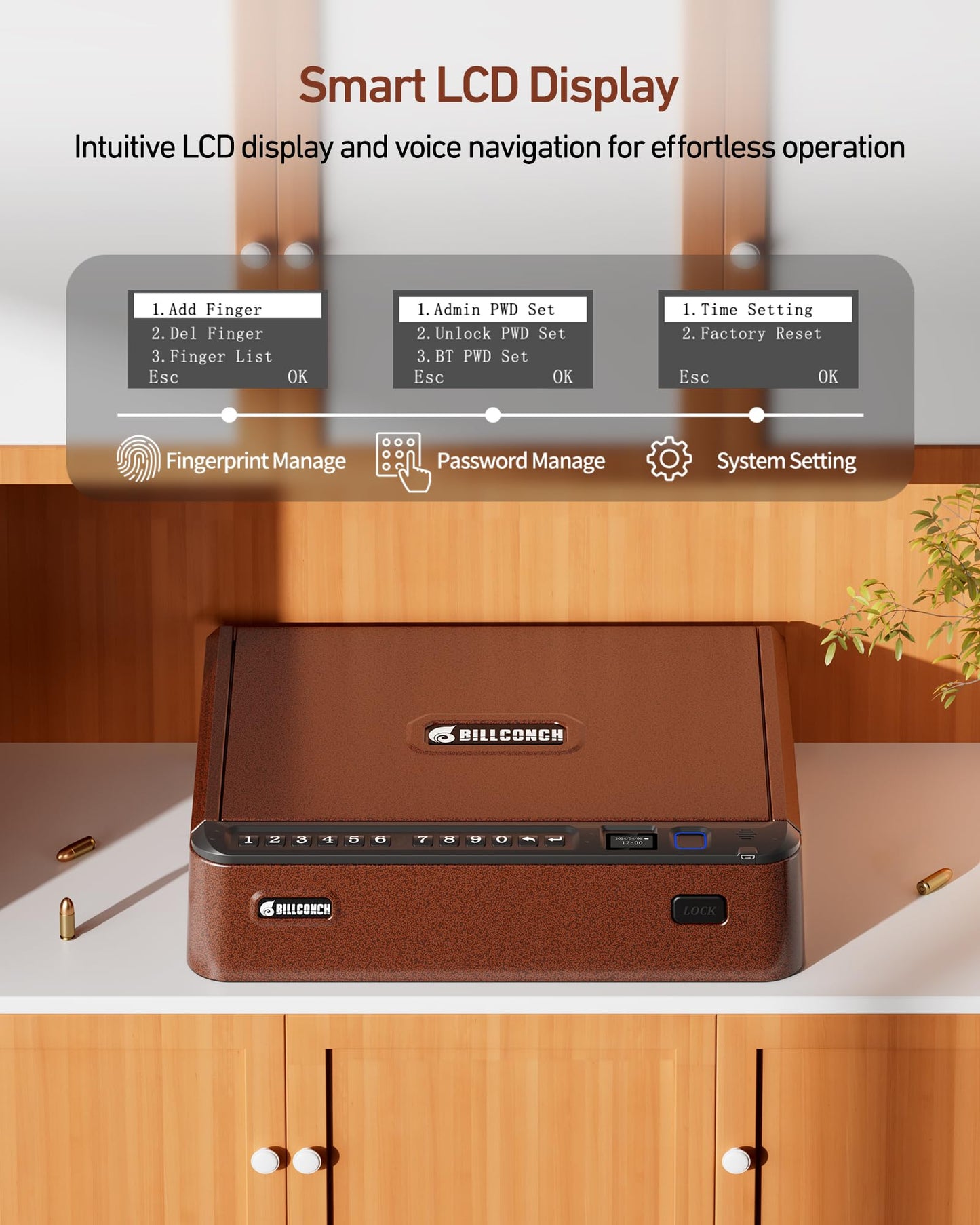 BILLCONCH Smart Gun Safe with Security Cable - Biometric Gun Safe for Handgun 4 Ways Quick Access with Fingerprint/Keypad/Key/APP Lock for Bedside Home Car with LCD/Voice Guide - Brown