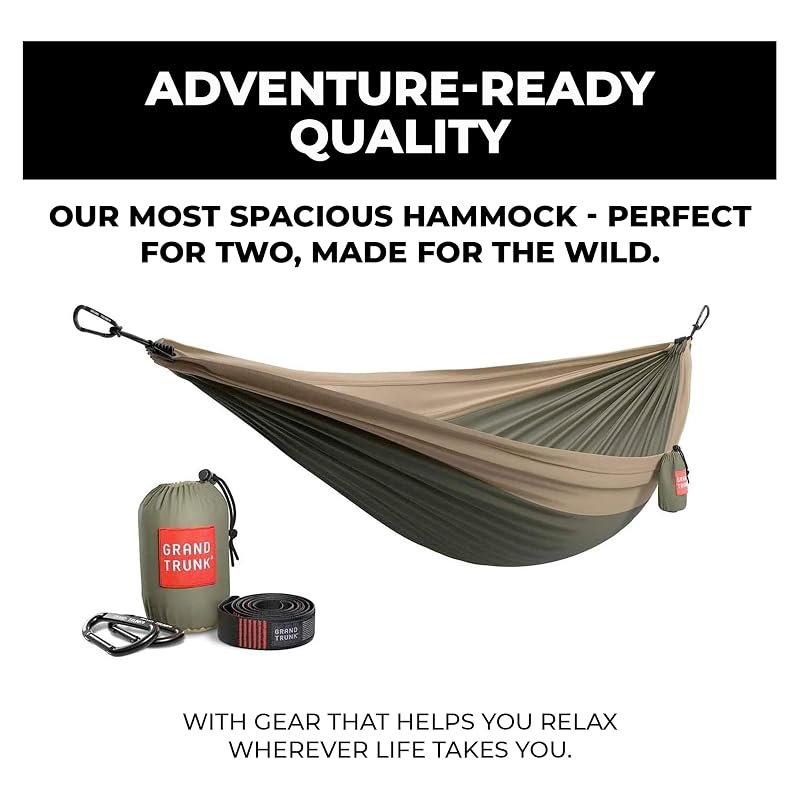 Grand Trunk Double Deluxe Hammock – 10'6" x 6'6", 400 lb Capacity, Green/Charcoal