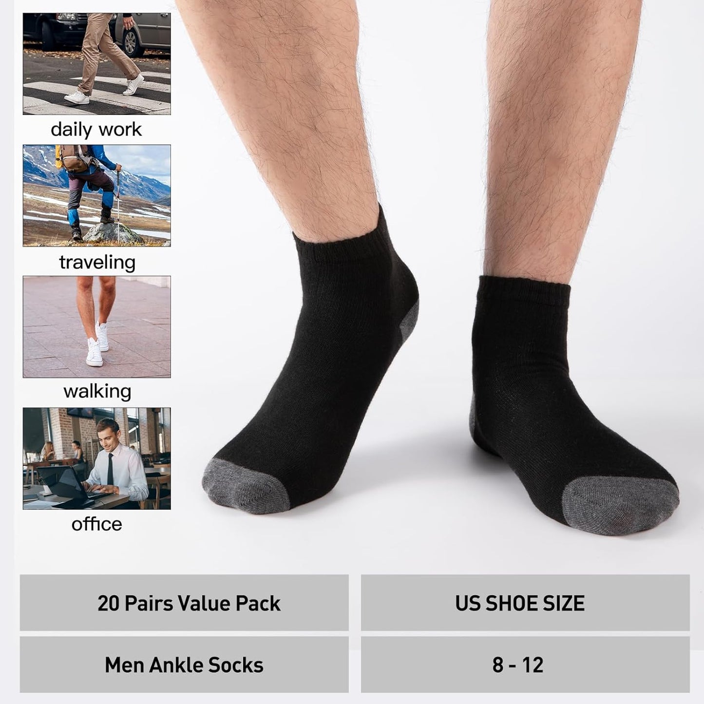 20 Pack 3 Styles Men's/Women's Mini Crew Ankle Socks Quarter Bulk - Breathable Thin Athletic Socks, Fits Shoe Size 8-11