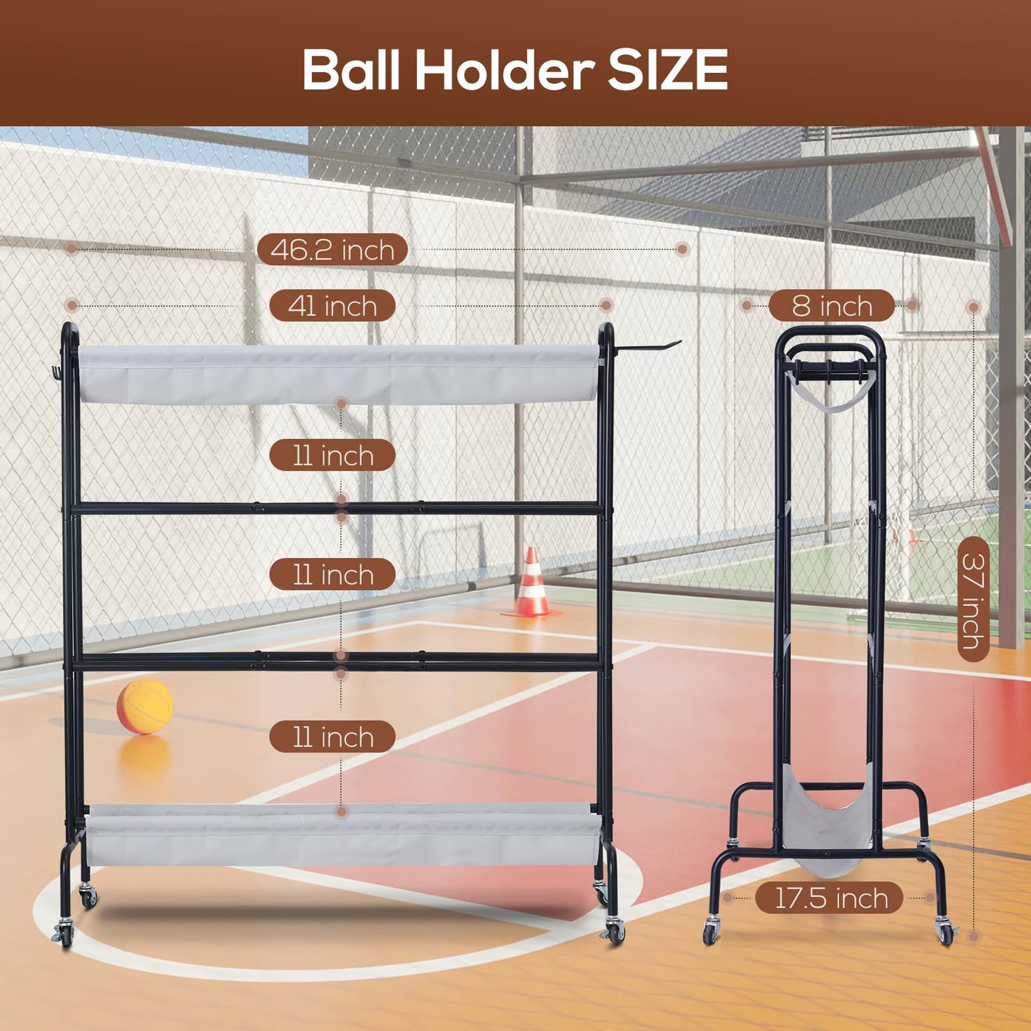 Holbrett Basketball Rack, Rolling Ball Storage Stand with Baseball Bat Holder Storage Cart and Movable Hooks 4-Layer Organizer Holder with Wheels for Volleyball Football Rugby Balls