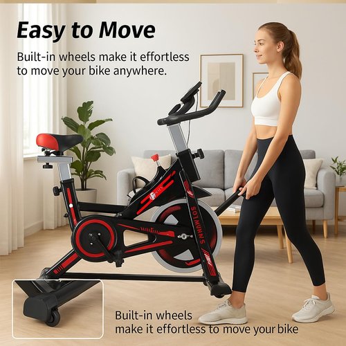 Home Spin Bike - Silent Indoor Exercise Bike with 6KG Flywheel, Belt Drive, Adjustable Seat & Handlebar, LCD Display + Heart Rate Monitor, Water Bottle Holder - Compact Cardio Bike for Apartment Fitness
