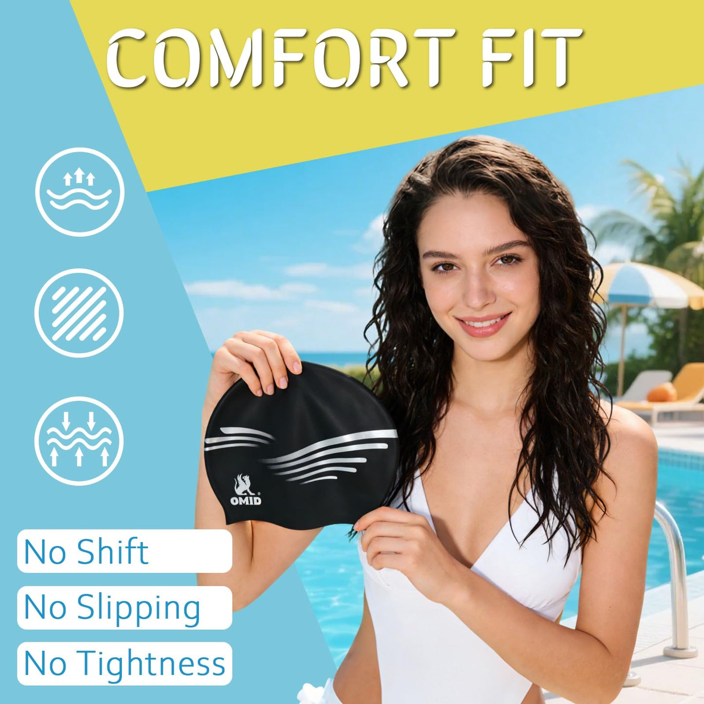 OMID Waterproof Swim Cap for Women with Long Hair - Chemical Resistant Silicone Swimming Cap, UV Protection for Pool Beach, Fits Dreadlocks and Thick Hair (Black)