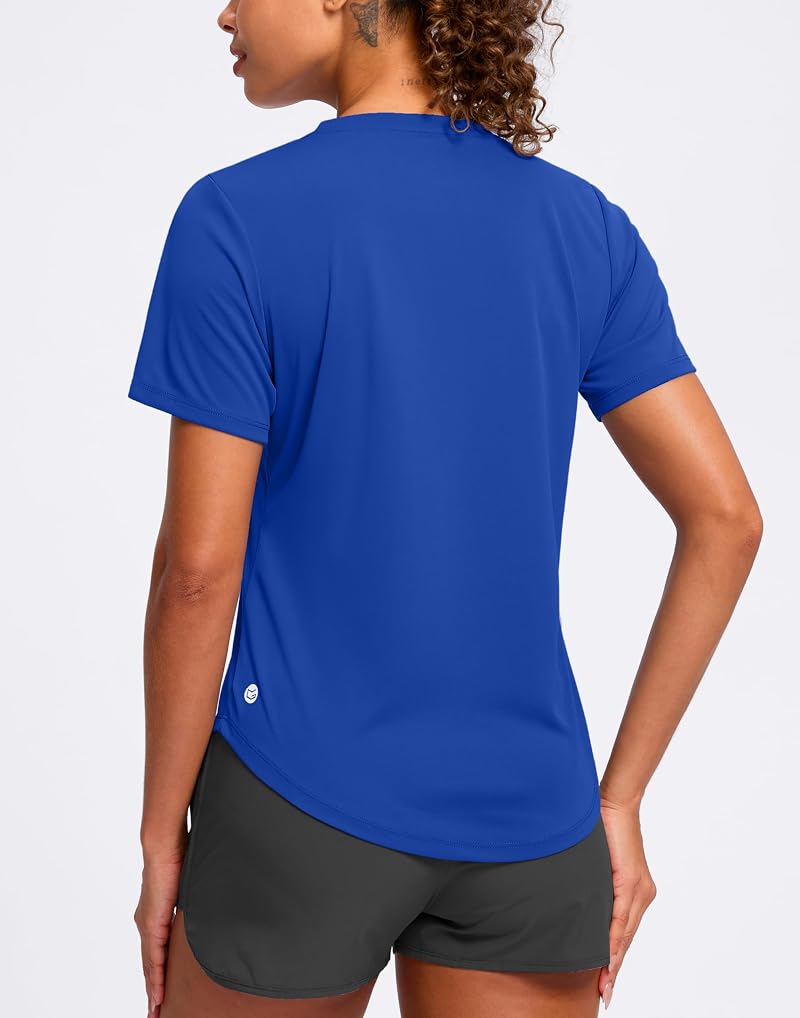 Womens V-Neck Dry Fit Workout Shirt - Short Sleeve Sun Protection, Large, Blue