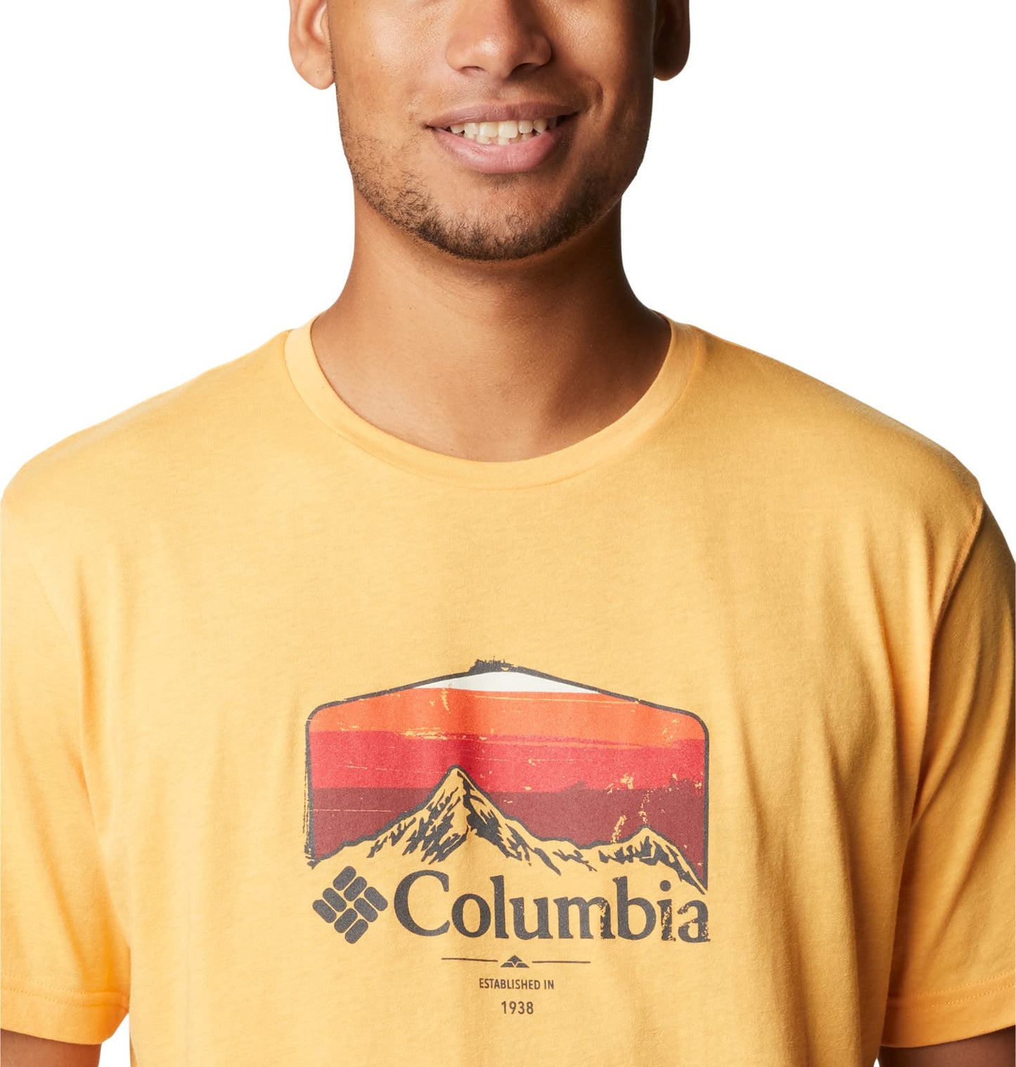 Columbia Men's Thistletown Hills Graphic Short Sleeve, Mango Heather/Hikers Graphic, 4X Big