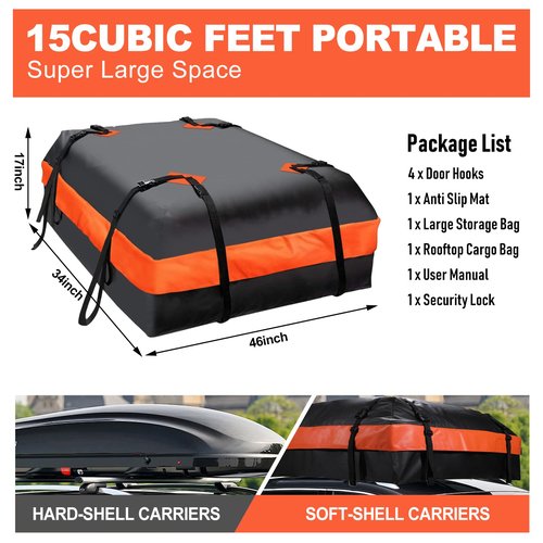 Car Rooftop Cargo Carrier Roof Bag Waterproof for All Top of Vehicle with/Without Rack Includes Topper Anti-Slip Mat + Reinforced Straps + 64Door Hooks + Luggage Lock ﻿