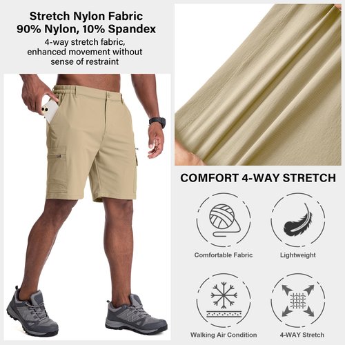Jessie Kidden Mens Outdoor Casual Expandable Waist Lightweight Water Resistant Quick Dry Fishing Hiking Shorts #6222-Khaki,34