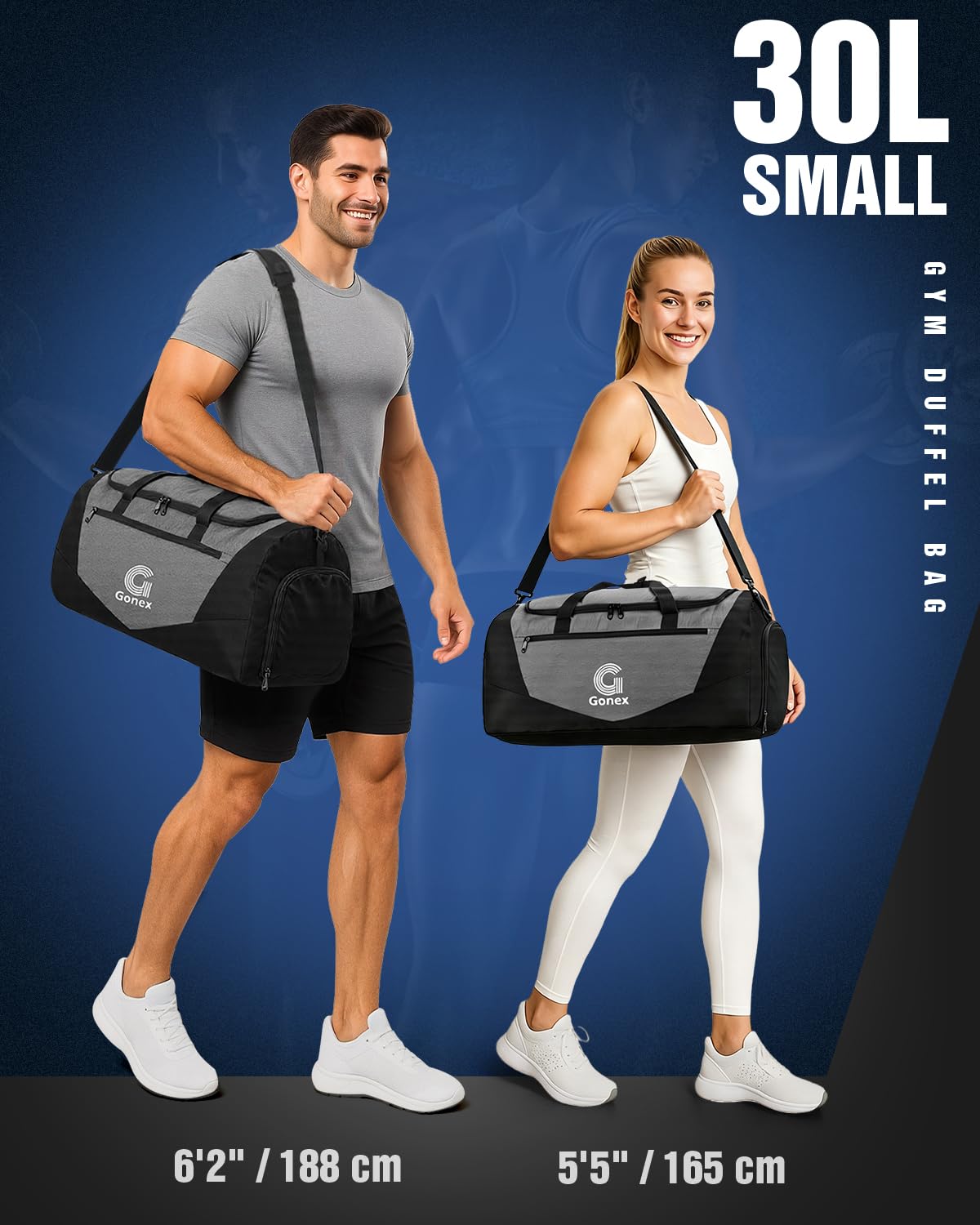 Gonex Gym Duffel Bag 18 inch with Shoe Compartment Wet Pocket, Large Capacity Sports Duffle Bag for Men Women, Workout & Travel Bag with Multiple Pockets, Black/Gray, Small (30L)