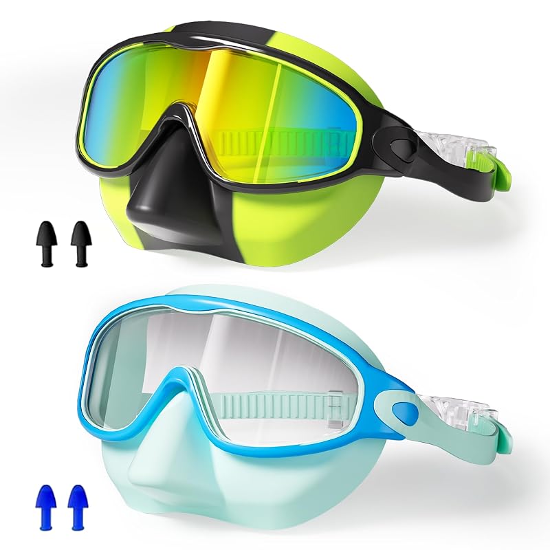 Kids Swim Goggles 2 Pack - Soft Silicone Anti-Fog UV Protection, Blue/Green & Black