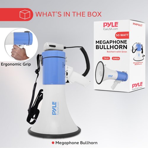 Pyle Compact Portable PA Megaphone Speaker - 50W Handheld Bullhorn with LED Flashlight, Alarm Siren, Adjustable Volume, Detachable Microphone, Battery Powered for Indoor & Outdoor Use