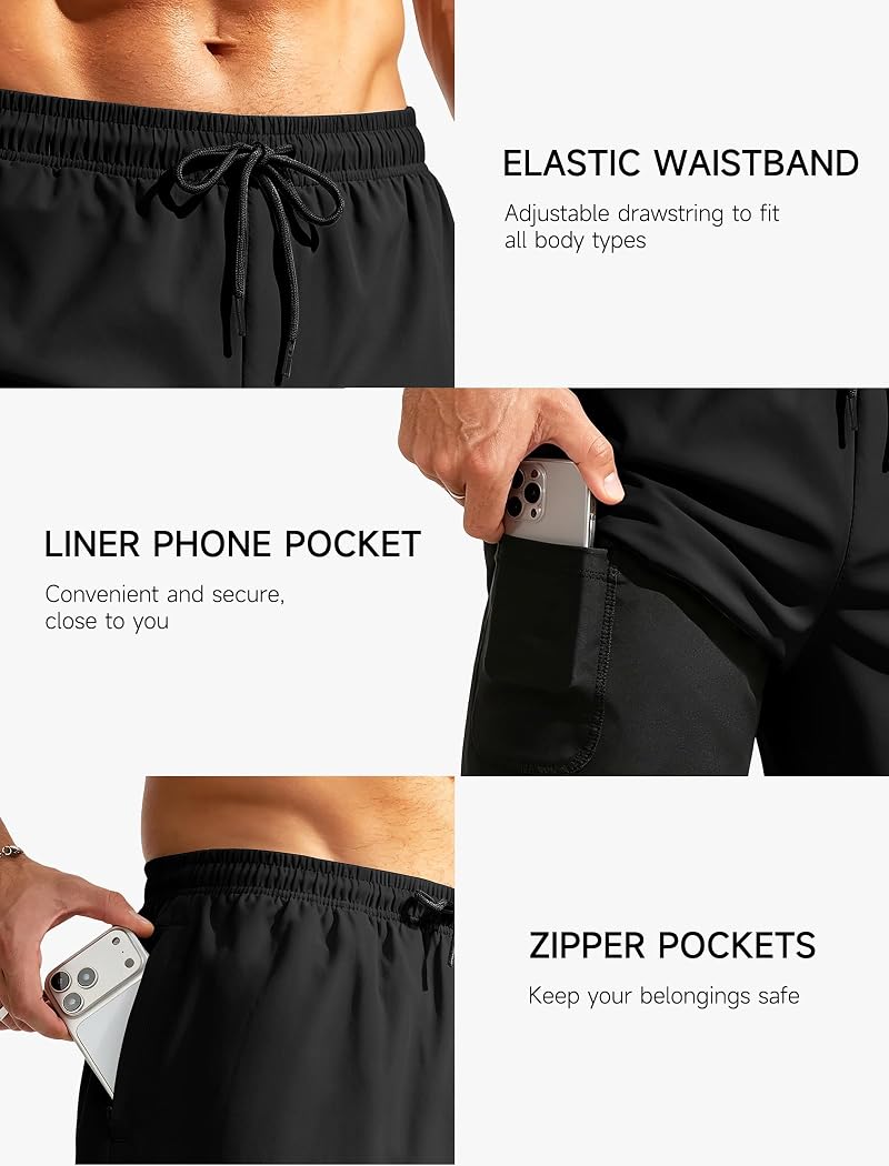 Mens 7-Inch Quick-Dry Swim Trunks with Compression Liner - Black, Large