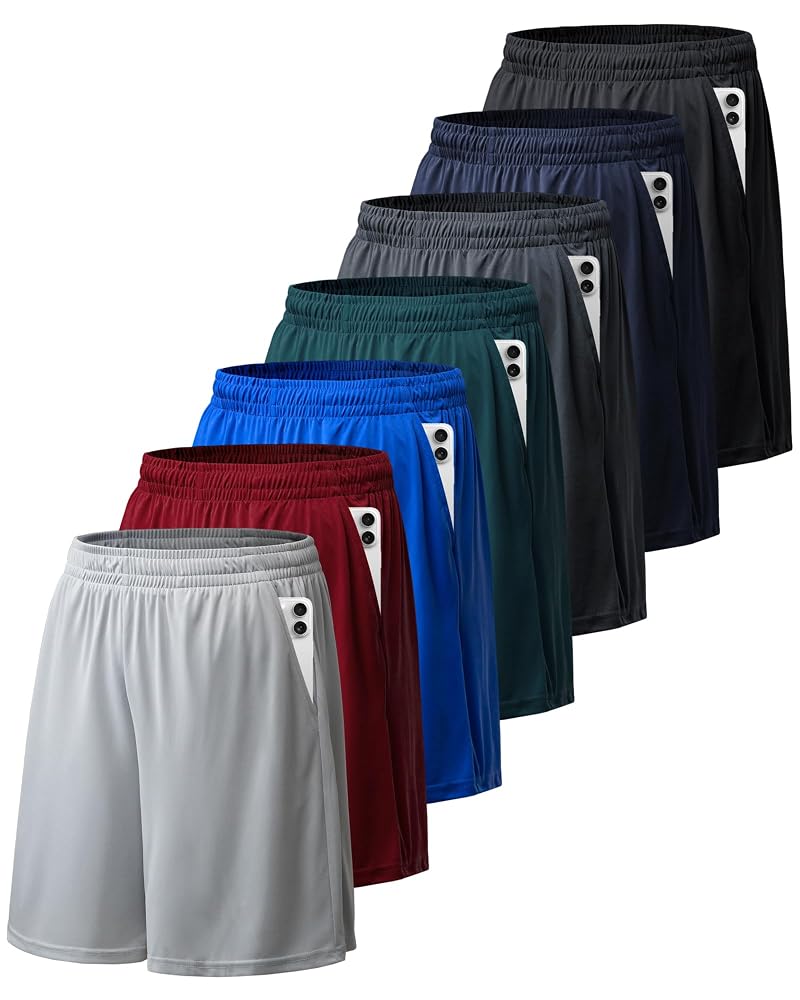 BALENNZ 7 Pack Basketball Shorts with Pockets - Adjustable Drawstring, Quick-Dry Gym Shorts (Black/Deep Gray/Gray/Navy/Blue/Deep Green/Deep Red)