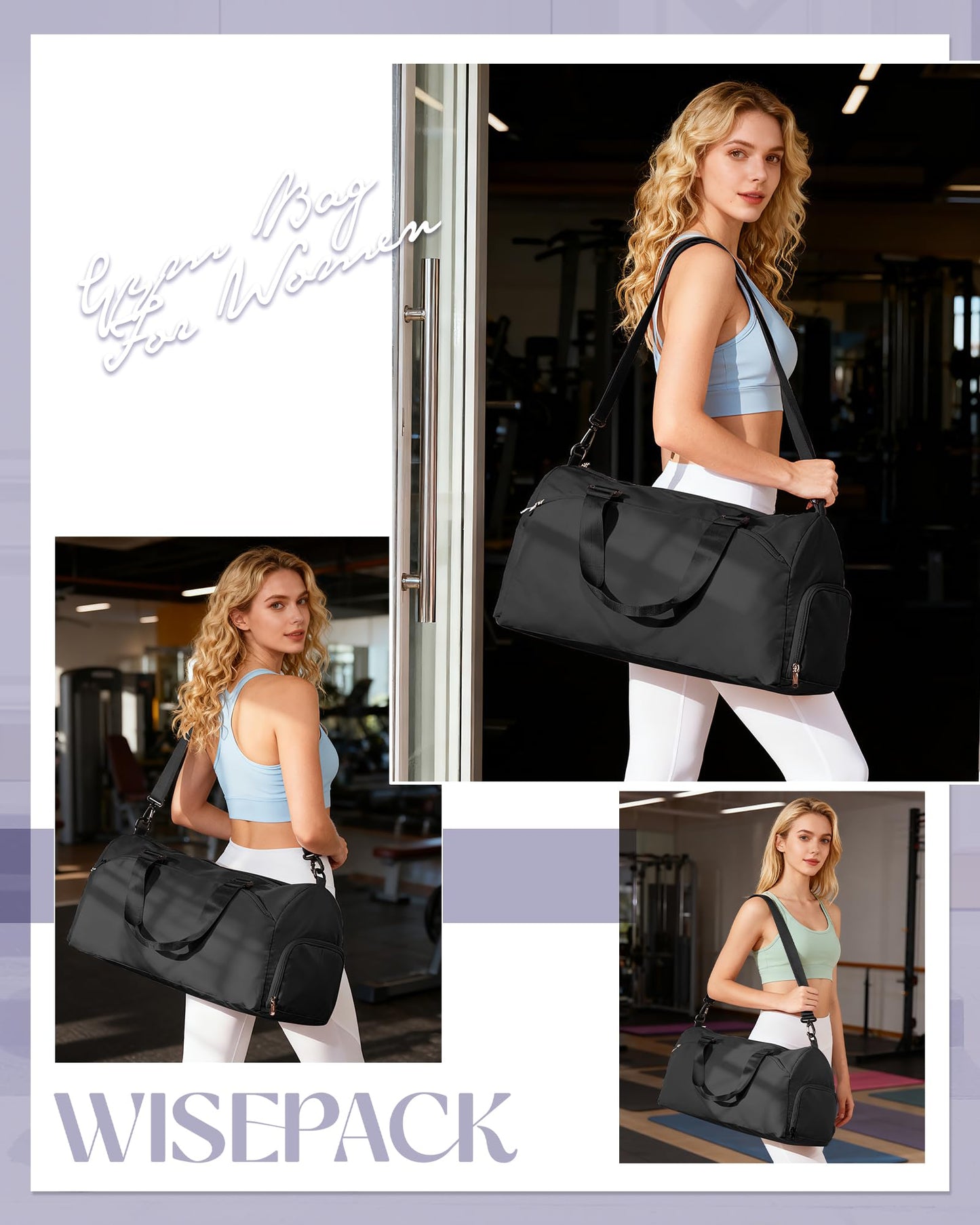 Gym Bag for Women with Shoe Compartment Lightweight Travel Duffle Bags Carry on Bag Overnight Weekender Duffel Bag with Wet Pocket Personal Item Travel Bag Tote Bag Workout Dance Bag Black