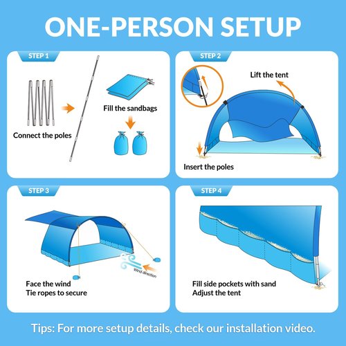 OUTELY Beach Tent Sun Shelter with UPF50+ Protection, Patented Wind-Supported Design, One-Person Setup, 7.5ft Tall, Portable Beach Shade Canopy for 3-6 People