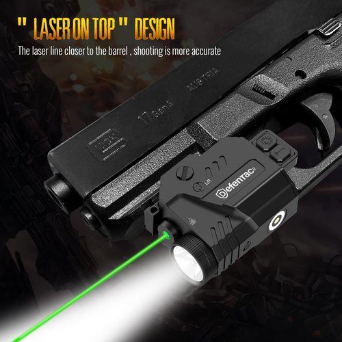 DEFENTAC Pistol Laser Light Combo 680 Lumens, Strobe Tactical Flashlight with Green Beams for Guns W/a Rail, Magnetic Rechargeable