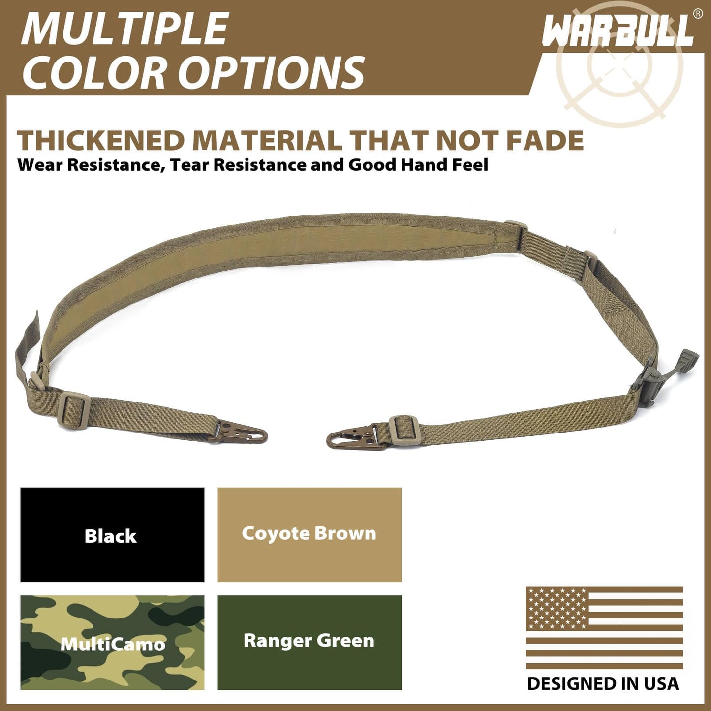 WarBull Padded 2 Point Sling, QD Swivel 2 Point Sling with HK Hook, Tactical Gun Sling for Rifle, Shotgun, and Crossbow, Ideal Gift for Hunter, Shooting (Coyote Brown)