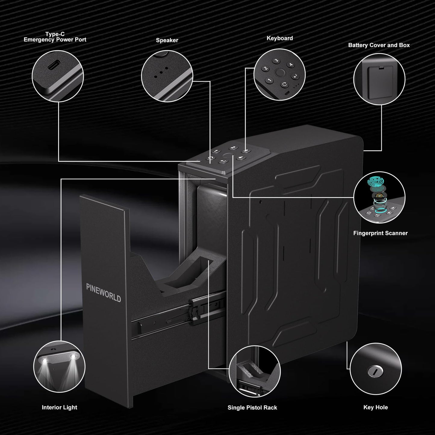 Biometric Slider Figerprint Handgun Safe with Auto Sliding Door&Keypad&Key