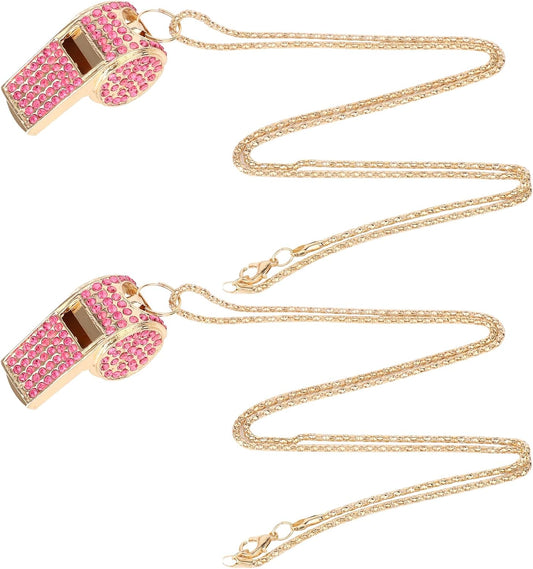 2pcs Bling Whistle, Metal Crystal Rhinestone Whistles Loud Crisp Sound Sports Whistle with Chain Lanyard Gifts for Teacher Referee Official Lifeguard Basketball Training (Gold, Pink)