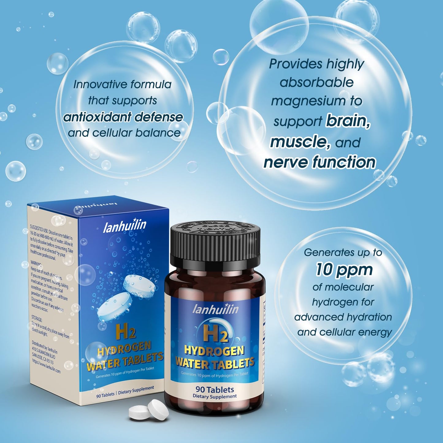 Hydrogen Water Tablets 150mg Magnesium – 10 PPM Molecular Hydrogen Tablets for Drinking Water, Supports Healthy Aging, Cellular Energy, Recovery & Brain Health – GMO-Free & Gluten-Free, 80 Tablets