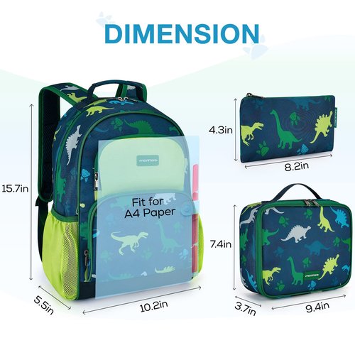 mommore Kids Backpack Set, Dinosaur Backpack for Kids Lightweight Kindergarten Bookbag for Students School Backpack for Children with Chest Strap and Lunchbox Water Resistant,3pcs green