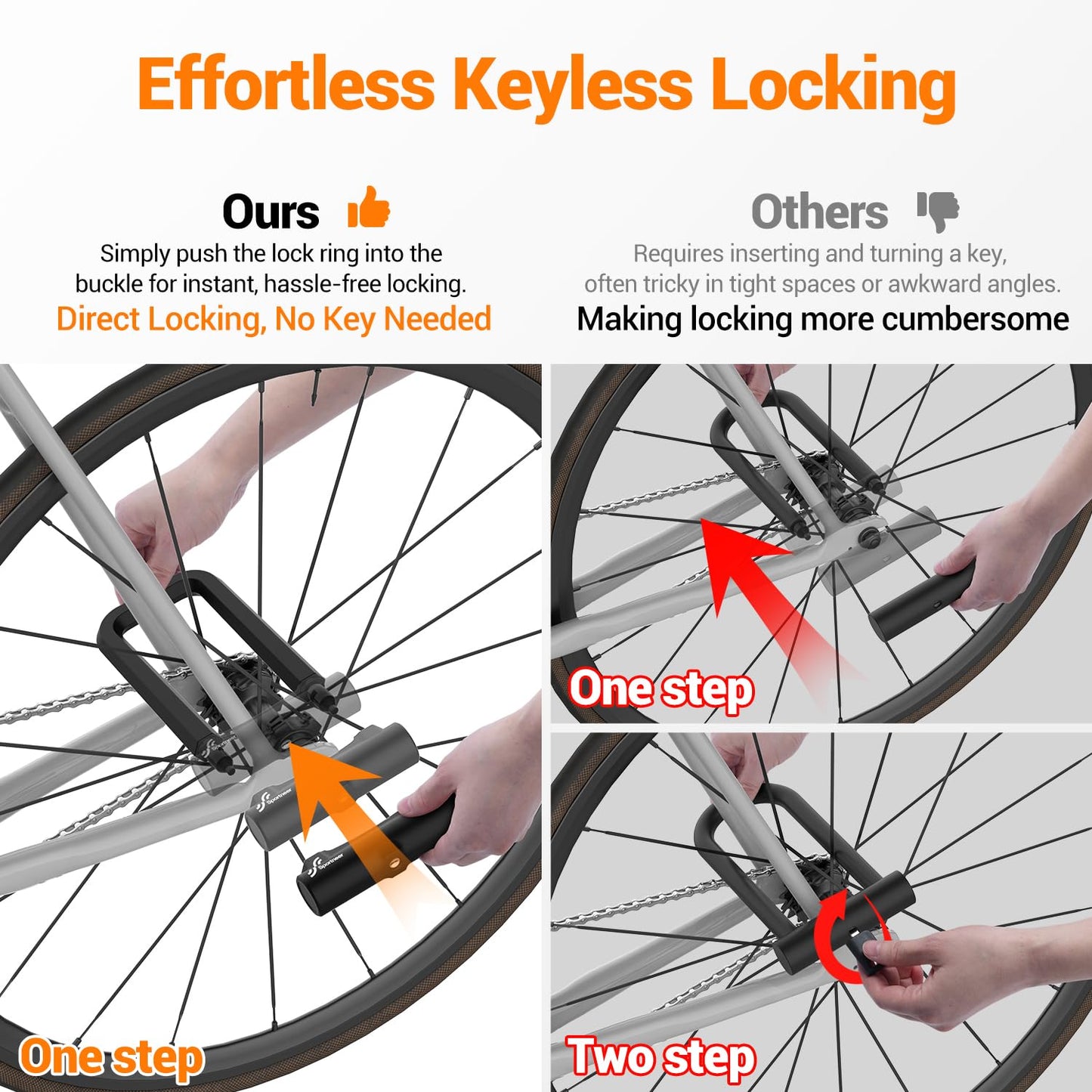 Sportneer Bicycle Lock: 18mm Heavy Duty Anti Theft Bike U Lock with 5ft Security Steel Cable - Shackle Bike Locks with 3 Keys & Mounting Bracket for Road Mountain Electric Bike, Size 8.58'' x 4.85''