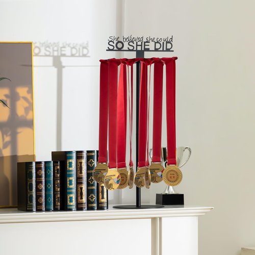 Honeydak Rotatable Medal Hangers Display Tabletop Metal Medal Holder Rack with Adjustable Height Holds 45+ Medals with Motivational Words Race Marathon Sports Gong Hanger Display