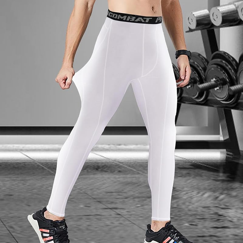 Mens Compression Pants Leggings Running Base Layer Quick Dry White Large
