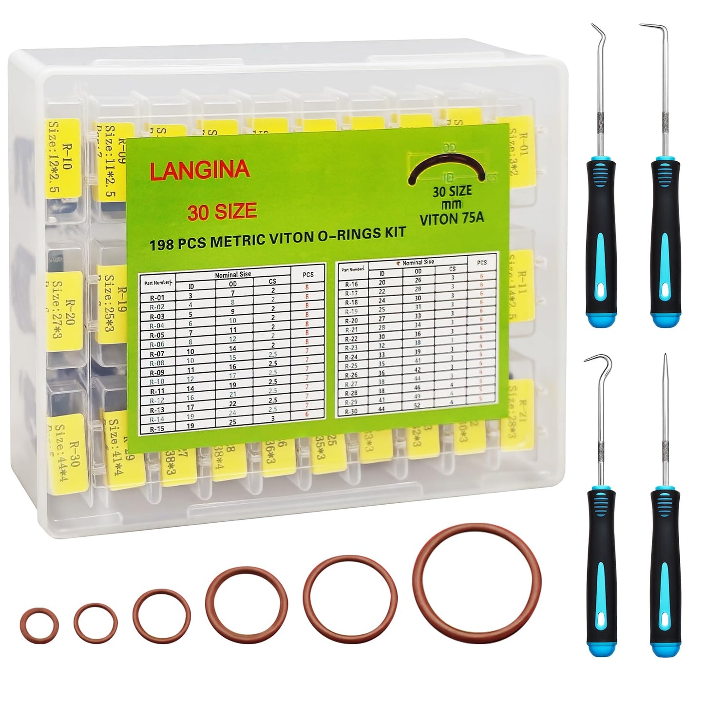 Langina 198PCS Viton O Ring Kits, 30 Sizes,75A Shore,High Temp Resistance
