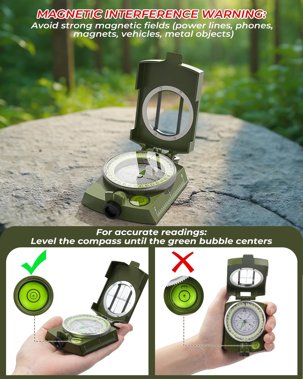 Sportneer Military Lensatic Sighting Compass with Carrying Bag, Waterproof and Shakeproof, Army Green