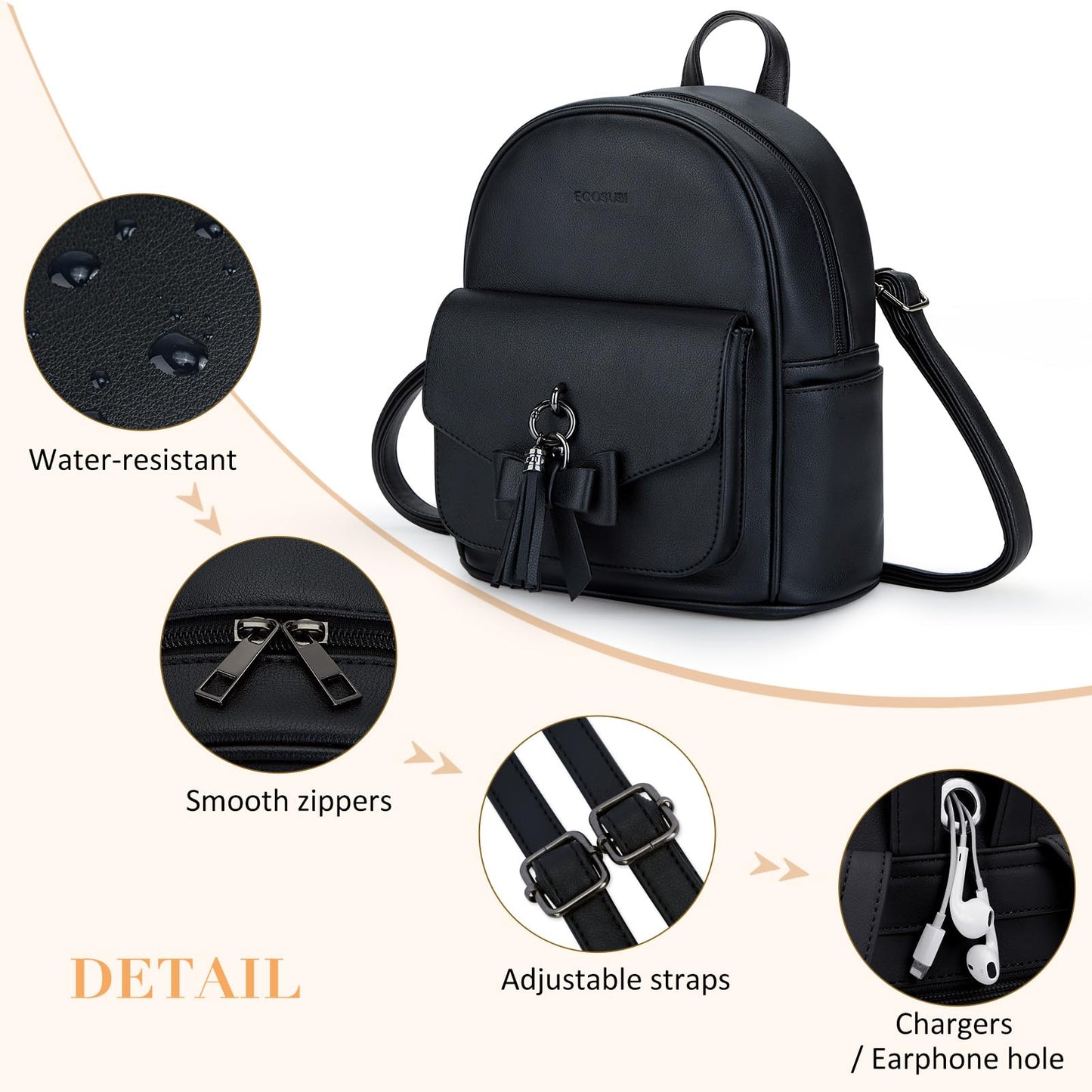 ECOSUSI Mini Backpack for Women Girls Cute Bowknot Small Backpack Purse Ladies Leather Bookbag Satchel Bag, with Charm Tassel Black