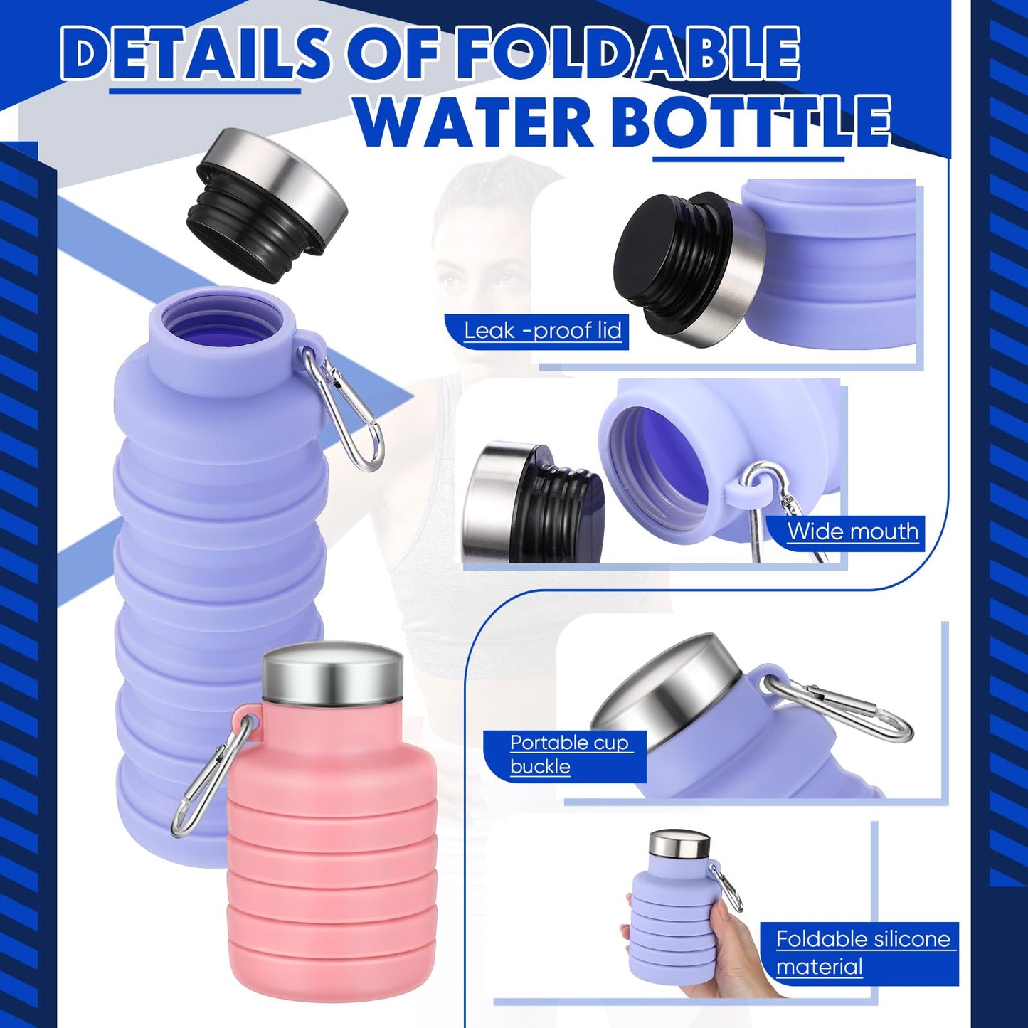Baderke 2 Pcs Collapsible Water Bottles 17oz Silicone Travel Foldable Portable Water Bottle with Buckle Silicone Lightweight Reusable Leakproof for Camping Hiking Cycling Sport(Purple, Pink)