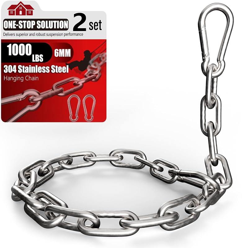 25" Hanging Swing Chain, 6mm 304 Stainless Steel, 1000 lb Capacity - Silver + 2 Pack