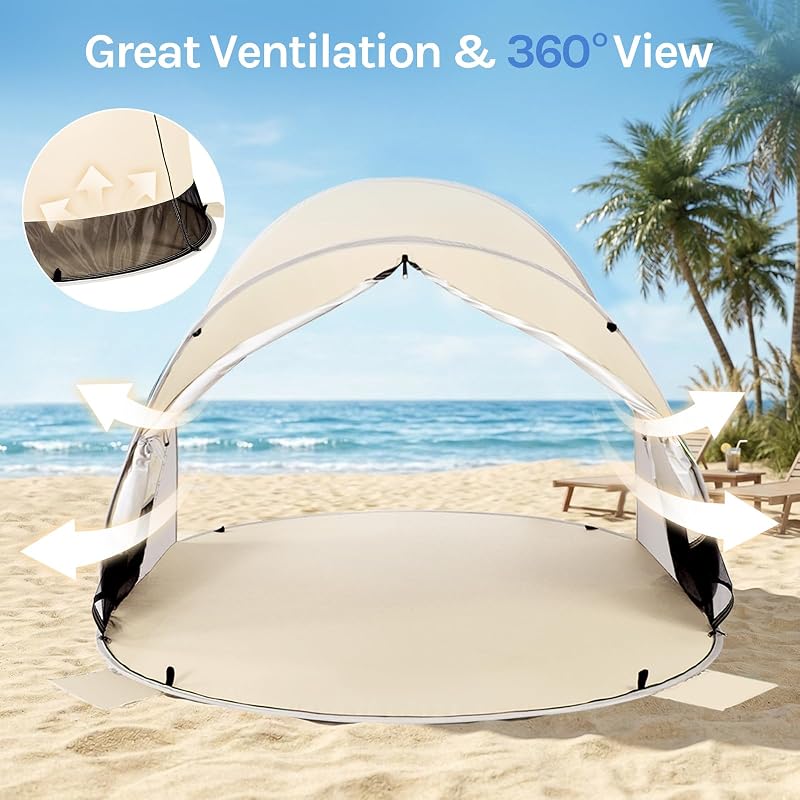 Wolfwise 3 Person Pop Up Beach Tent - Beige, Easy Setup Sun Shade Shelter