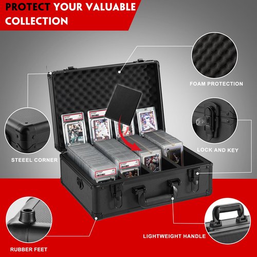 Graded Card Storage Box, Trading Cards Slab Carrying Case, 4 Row Black Hard Sports Cards Holder Boxes with 6 Dividers Fits for PSA BGS SGC Top Loaders Collection