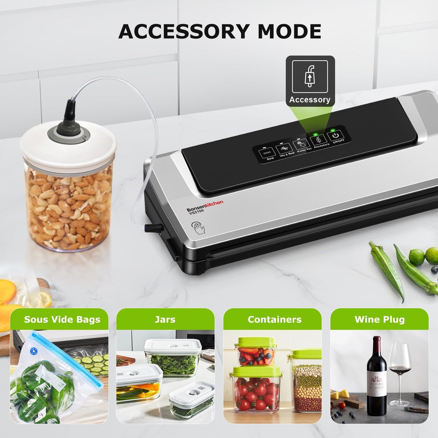 Bonsenkitchen Vacuum Sealer Machine, Fast-Compact Food Sealer, Multi-Functional Food Vacuum Sealer with 5 Vacuum Bags & Accessory Hose, Technology for High-Speed Continuous Working, Silver