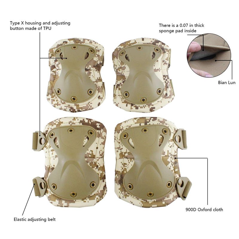 AOUTACC Tactical Combat Knee & Elbow Protective Pads Set for Outdoor CS Paintball Game Cycling Safety Skateboarding Gear Skates Knee Protection Guard Pads (DD)