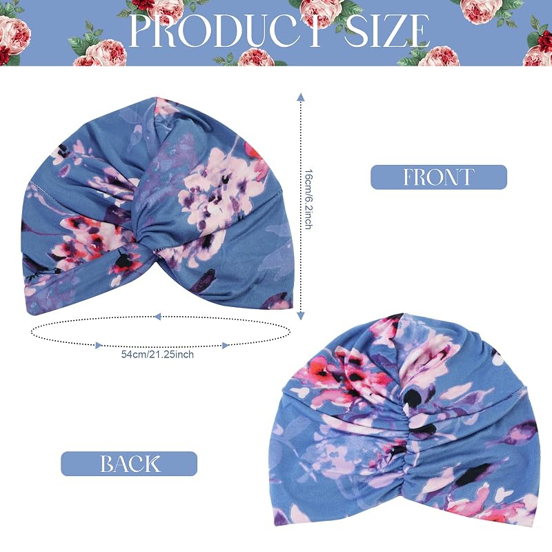 Two-Piece Printed Turban Head Wrap Set for Women - Pre-Tied Knot Chemo Headwear (Black, Blue Floral)