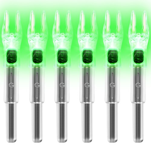 6 Pack G Lighted Nocks for Arrows with .165 .204 .233 .244 .246 Inside Diameter with X, H, S, GT Bushings High Visibility Lighted Arrow Nocks (Green - 6 Pack)