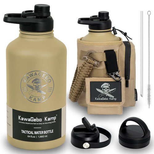 KawaGebo Kamp Half Gallon Tactical Water Bottle With Straw - Battle Bottle - 64 OZ Stainless Steel Water Jug with 3 Lids, Paracord Handle, Molle System