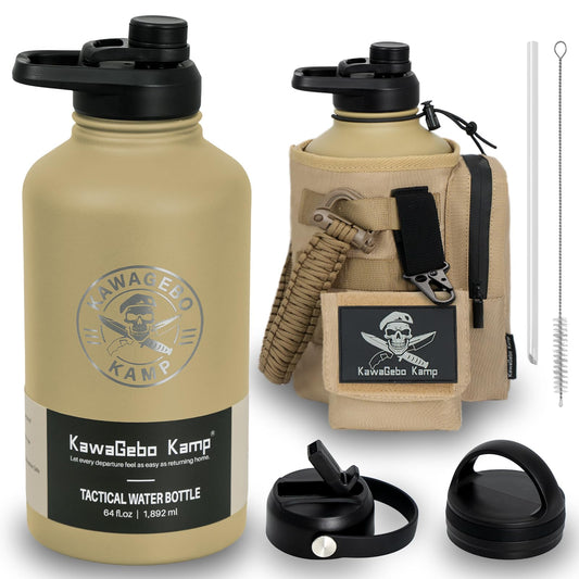 KawaGebo Kamp Half Gallon Tactical Water Bottle With Straw - Battle Bottle - 64 OZ Stainless Steel Water Jug with 3 Lids, Paracord Handle, Molle System