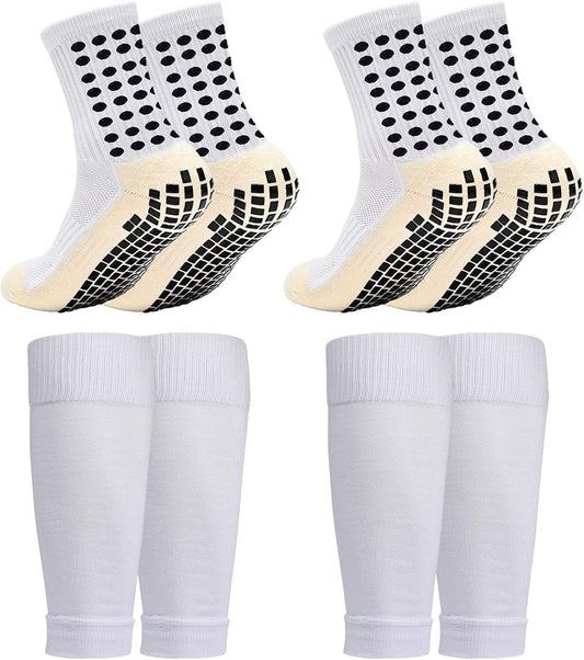 2/4 Sets Youth Grip Soccer Socks with Shin Guard Sleeves Kids Sleeve Socks for Boys Girls 7-14 for Soccer Basketball