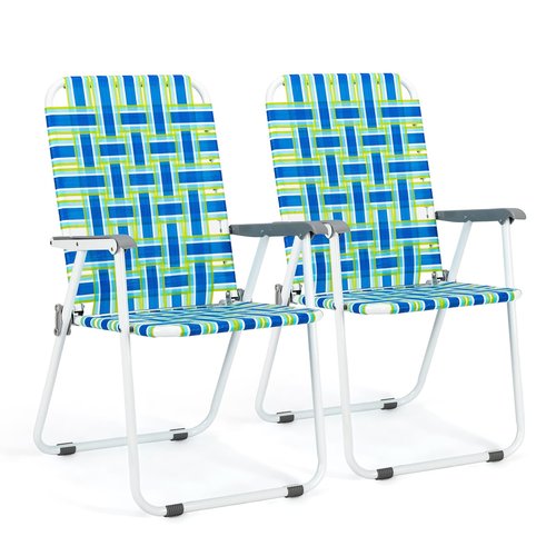 VINGLI Patio Lawn Webbed Folding Chairs Set of 2, Outdoor Beach Portable Lawn Chair Camping Chair Beach Chair for Yard, Garden Dining (Blue, Classic)