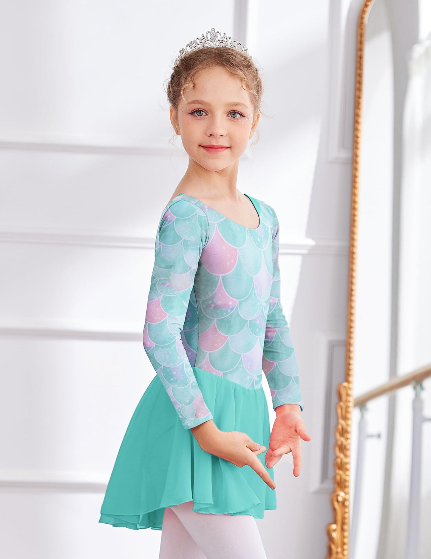 Zaclotre Ballet Leotards for Girls Toddler Classic Long Sleeve Criss-Cross Back Dance Dress Ballerina Outfits Green Mermaid