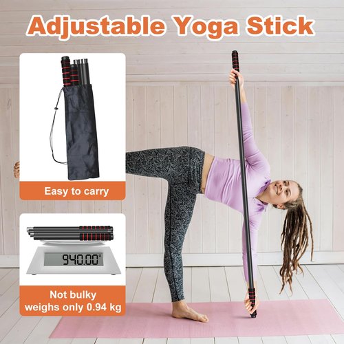 RACOC 5 ft Yoga Stick Sturdy Steel, Adjustable Stretching Stick for Mobility, Flexibility and Balance, Versatile Exercise Stick with Non-Slip Ends and Foam Handles for Fitness, and Posture