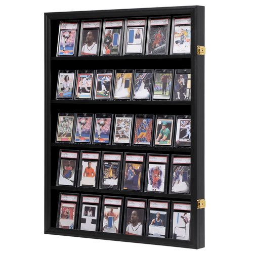 VERANI Baseball Card Display Case - 35 Graded Sports Card Display Frame - Holds Sport Cards with UV Protection Clear View Lockable Wall Cabinet for Football Basketball Hockey Trading Card, Large Black