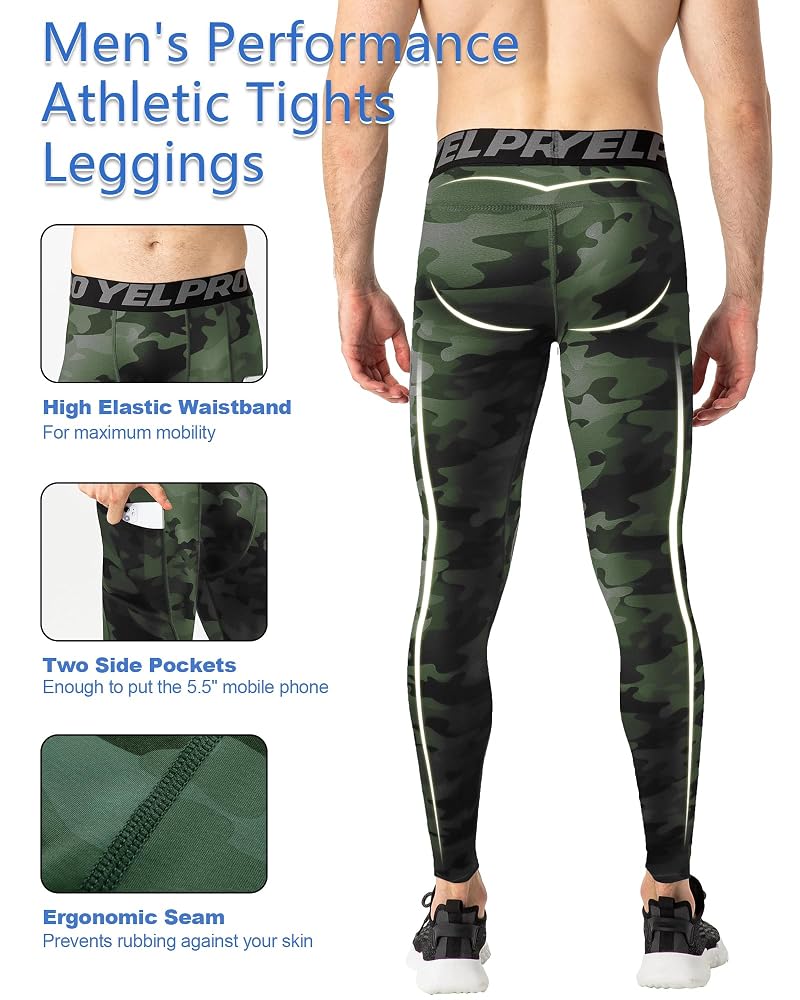 Compression Pants for Men with Phone Pocket - SPVISE 4-Way Stretch Run Tights Camouflage Green Large