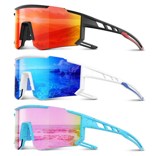 Foliful 3 Pack Polarized Sports Sunglasses Men Women, Running Mens Sunglasses UV Protection for Baseball Cycling Fishing, Ice Blue/Red/Pink Green