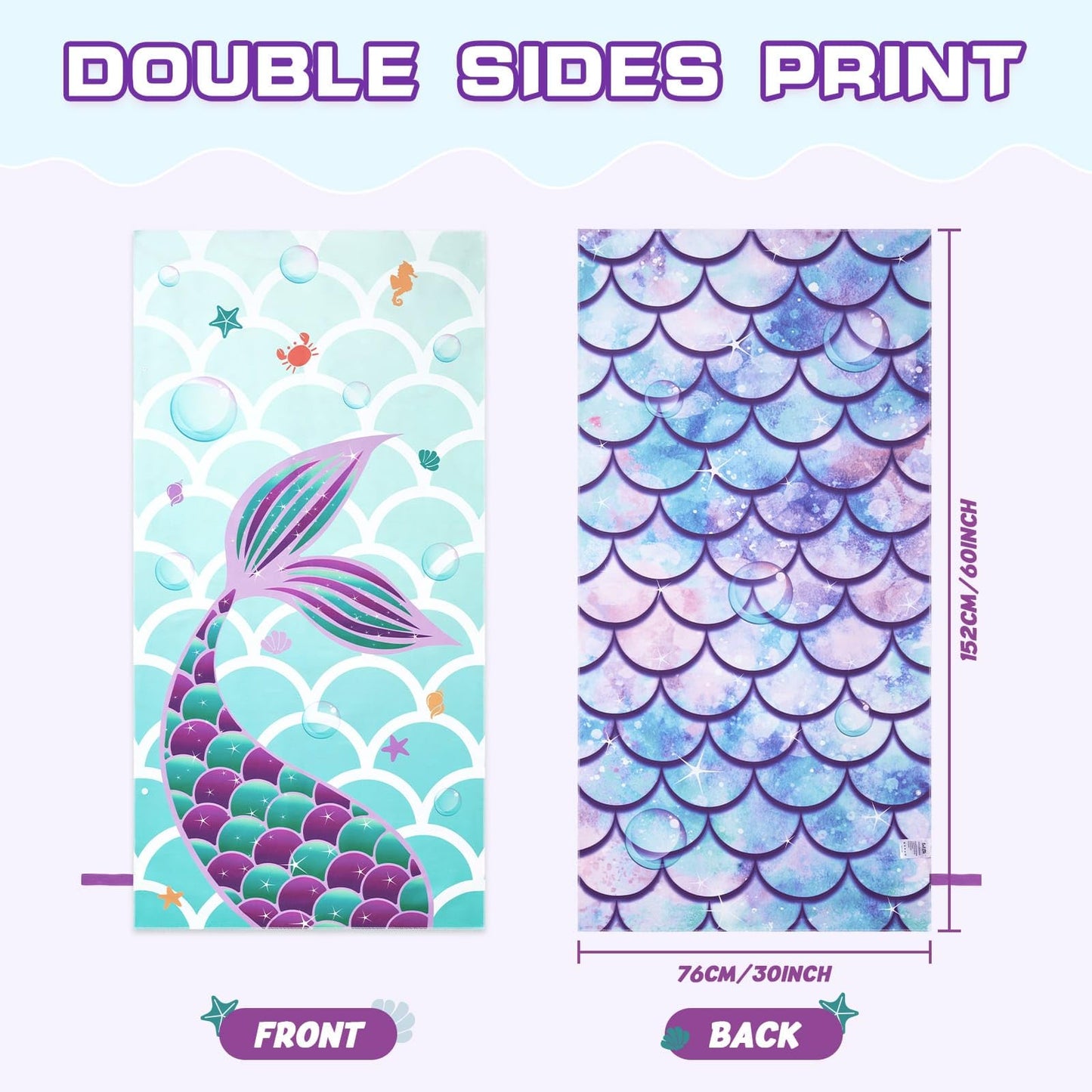 WERNNSAI Mermaid Kids Beach Towel for Girls, 30” x 60” Double-Sided Towels for Kids, Kids Beach Pool Bath Bathroom Swim Towel, Quick Dry Ultra Absorbent Super Soft Beach Blanket Towel